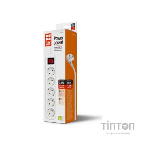 Мережевий фільтр живлення ColorWay CW-PSEA53W, 5 розеток/ 3M white (CW-PSEA53W)