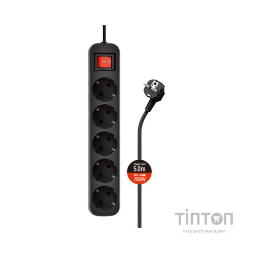 Мережевий фільтр живлення ColorWay CW-PSEA55BK, 5 розеток/ 5M black (CW-PSEA55BK)