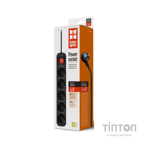 Мережевий фільтр живлення ColorWay CW-PSEA55BK, 5 розеток/ 5M black (CW-PSEA55BK)