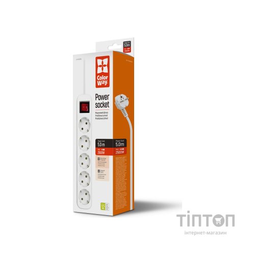 Мережевий фільтр живлення ColorWay CW-PSEA55W, 5 розеток/ 5M white (CW-PSEA55W)