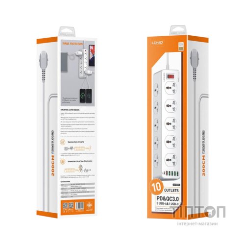 Мережевий фільтр живлення LDNIO SC10610, 5роз + 3USB (SC10610)