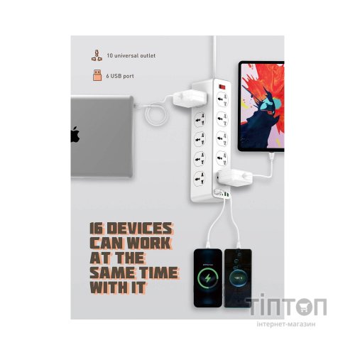 Мережевий фільтр живлення LDNIO SC10610, 5роз + 3USB (SC10610)