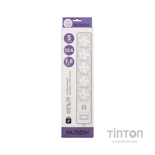 Мережевий фільтр живлення Patron 1.8m + 2 USB 2.0, 2.1A, 5 роз. White (EXT-PN-SP-52-USB-W)