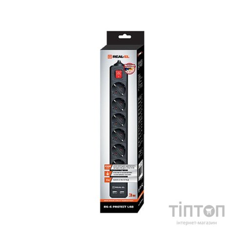 Мережевий фільтр живлення REAL-EL REAL-EL RS-6 PROTECT USB, 3m, black (EL122300017)