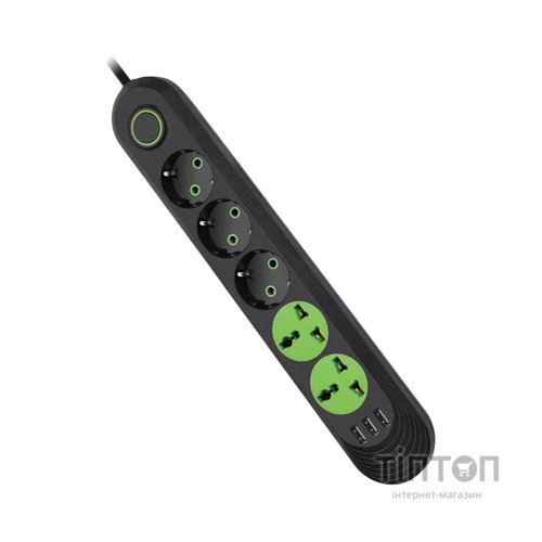 Мережевий фільтр живлення Voltronic F02U, 3роз EU + 2роз Universal, 3*USB Black (F02U-Black)