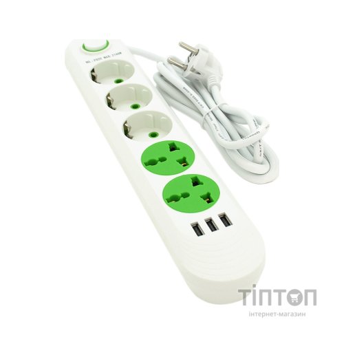 Мережевий фільтр живлення Voltronic F02U, 3роз EU + 2роз Universal, 3*USB White (F02U-White)