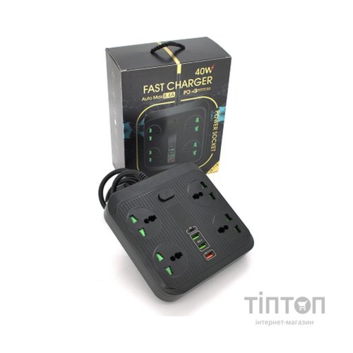 Мережевий фільтр живлення Voltronic TВ-Т18, 4роз, 2*USB+PD Black (OS-Т18-Black)