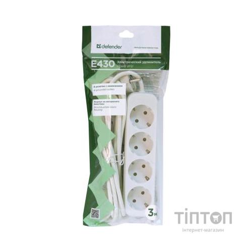 Мережевий подовжувач Defender E430 3.0 m 4 роз white (99226)