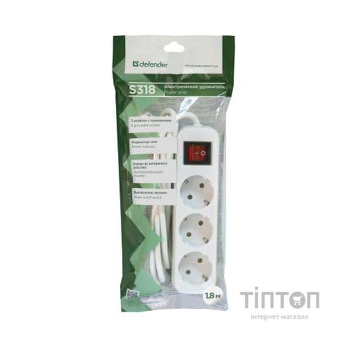 Мережевий подовжувач Defender S318 1.8 m 3 роз switch white (99233)