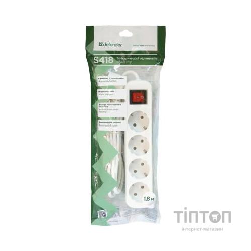 Мережевий подовжувач Defender S418 1.8 m 4 роз switch white (99237)