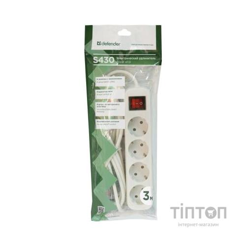 Мережевий подовжувач Defender S430 3.0 m 4 роз switch white (99238)