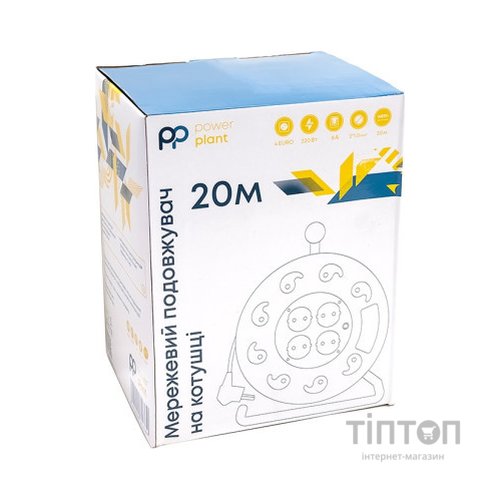 Мережевий подовжувач PowerPlant катушка 20 м, 2x1.0мм2, 8А, 4 розетки (JY-2000/20) (PPRA08M200S4)