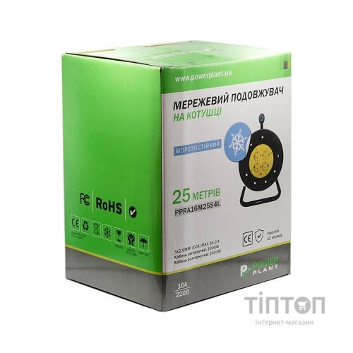Мережевий подовжувач PowerPlant катушка 25 м, 3x2.5мм2, 16А, 4 розетки (PPRA16M25S4L)