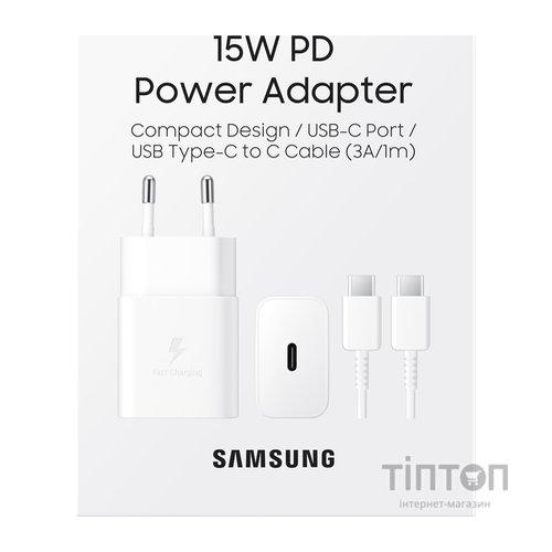 Зарядний пристрій Samsung USB-С 15W White + Cable USB-C 1m (EP-T1510XWEGEU)