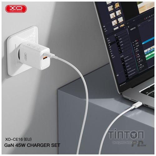 Мережевий зарядний пристрій XO CE16 - 45W PD USB-C & 22.5W QC USB-A White