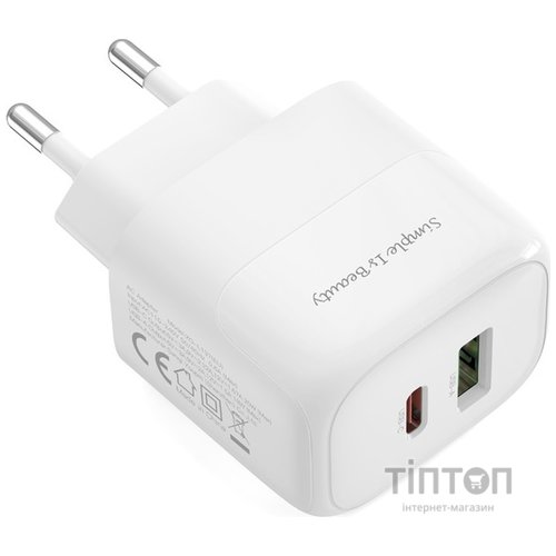 Мережевий зарядний пристрій XO L137 - 20W PD USB-C & 18W QC USB-A White