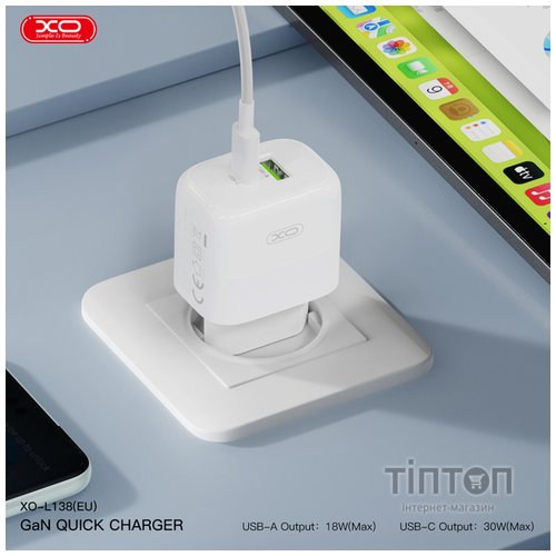 Мережевий зарядний пристрій XO L138 - 30W PD USB-C & 18W QC USB-A White