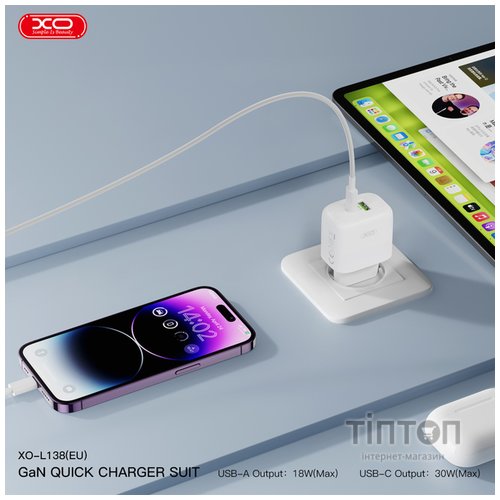 Мережевий зарядний пристрій XO L138 - 30W PD USB-C & 18W QC USB-A White