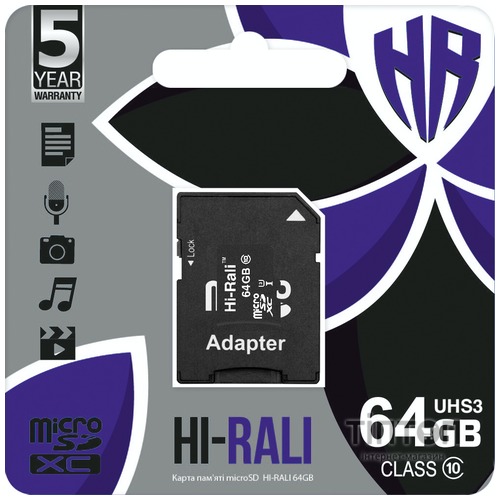 MicroSDHC 64GB UHS-I/U3 Class 10 Hi-Rali + SD-adapter (HI-64GBSDU3CL10-01)