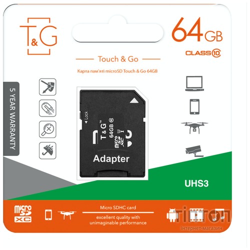 MicroSDHC  64GB UHS-I U3 Class 10 T&G + SD-adapter (TG-64GBSDU3CL10-01)