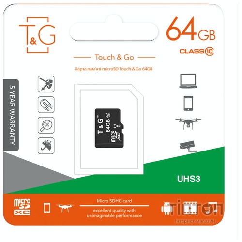 MicroSDHC  64GB UHS-I U3 Class 10 T&G (TG-64GBSDU3CL10-00)