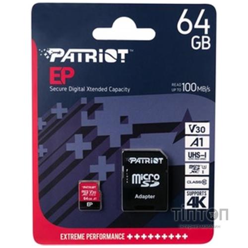 Карта пам'яті Patriot 64GB microSD class 10 UHS-I U3 V30 A1 (PEF64GEP31MCX)