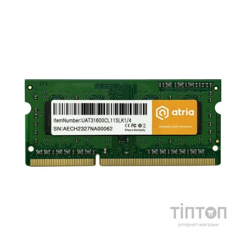 Модуль пам'яті для ноутбука SoDIMM DDR3 4GB 1600 MHz ATRIA (UAT31600CL11SLK1/4)