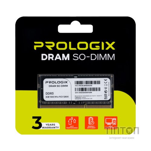 Модуль пам'яті для ноутбука SoDIMM DDR3 8GB 1600 MHz Prologix (PRO8GB1600D3S)