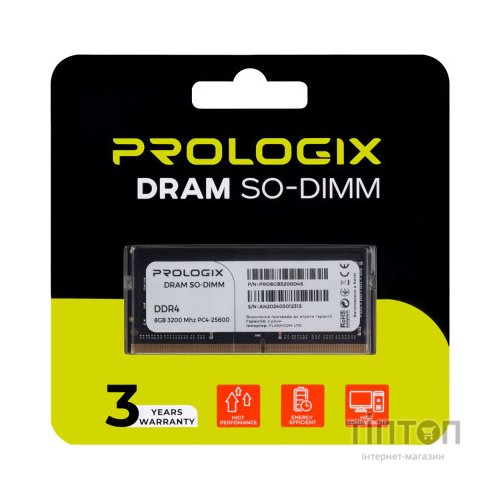 Модуль пам'яті для ноутбука SoDIMM DDR4 8GB 3200 MHz Prologix (PRO8GB3200D4S)