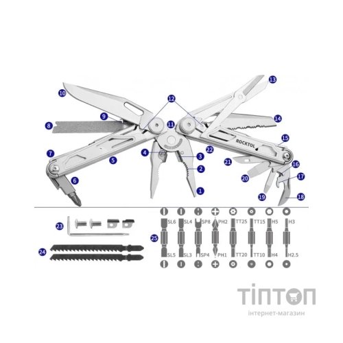 Мультитул Rocktol 29-в-1 з нейлоновим чохлом, бітами та запасними аксесуарами (SK05)