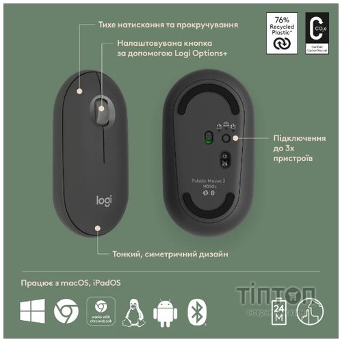 Миша Logitech Pebble Mouse 2 M350s Tonal Graphite (910-007015)