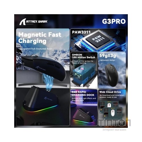 Мишка Attack Shark G3 PRO Wireless/Bluetooth Black (G3PROB_AS)