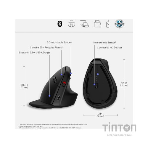 Мишка HP 920 Ergonomic Vertical Wireless/Bluetooth Black (6H1A4AA)