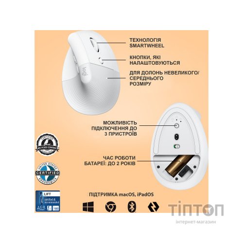 Мишка Logitech Lift Vertical Ergonomic Wireless/Bluetooth White (910-006475)