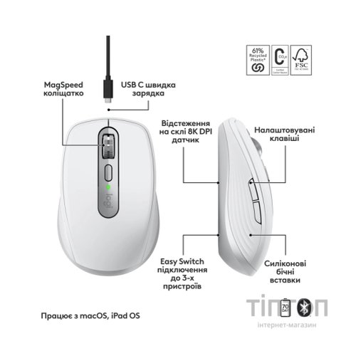 Мишка Logitech MX Anywhere 3S для MAC Wireless Pale Grey (910-006946)