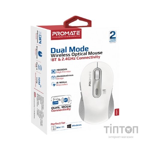 Мишка Promate Ken Wireless/Bluetooth White (ken.white)