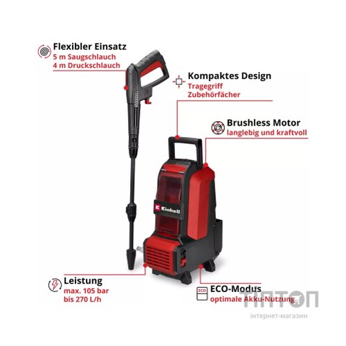 Мийка високого тиску Einhell HYPRESSO 36/105 36V, 105бар, 270л/год, шланг 4м (без АКБ та ЗП) (4140160)