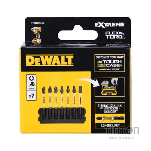 Набір біт DeWALT в касеті для Tough Case, FlexTorq, L57 мм, Рz1, Рz2-2шт,T15,T20,T25,T30 (DT70823)