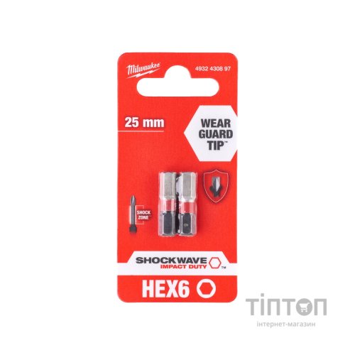 Набір біт Milwaukee SHOCKWAVE, Hex6, 25мм, 2шт (4932430897)