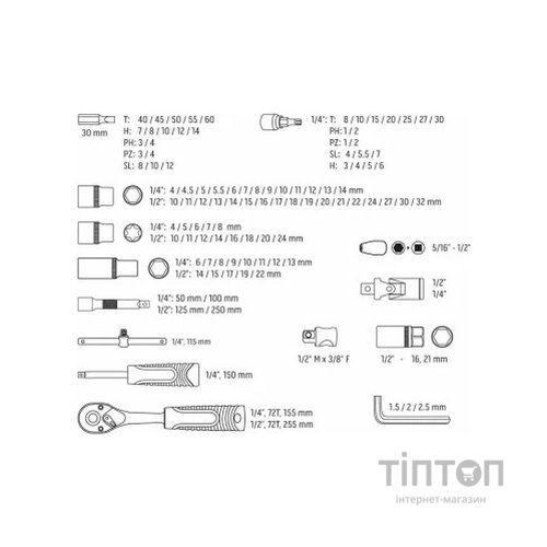 Набір інструментів Neo Tools 108шт, 1/2", 1/4", CrV, кейс (10-212)