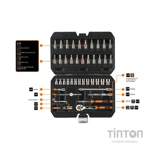 Набір інструментів Neo Tools 46шт, 1/4", CrV, кейс (10-004)