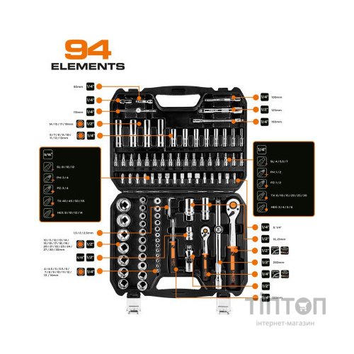Набір інструментів Neo Tools 94шт, 1/2", 1/4", CrV, кейс (10-062)