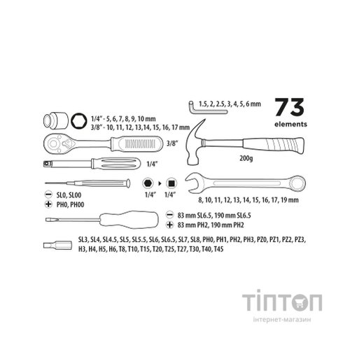 Набір інструментів Top Tools 1/4", 3/8", 73 ед. (38D500)