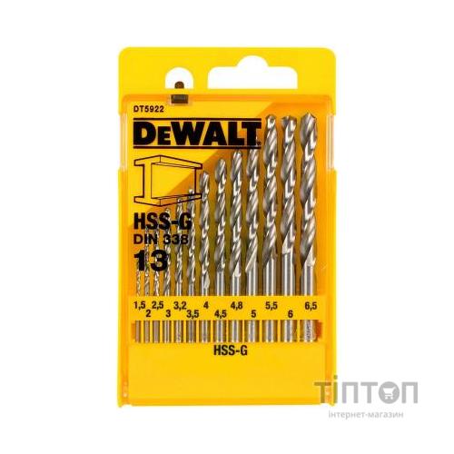 Набір свердл DeWALT HSS-G по металлу, 13шт, d=1,5-6,5мм. (DT5922)