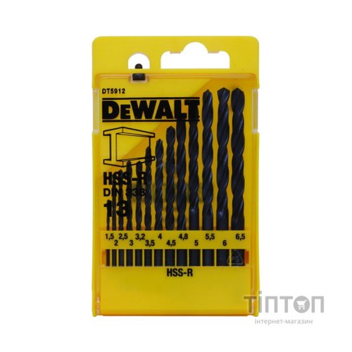 Набір свердл DeWALT HSS-R по металлу, 13шт, d=1,5-6,5мм. (DT5912)