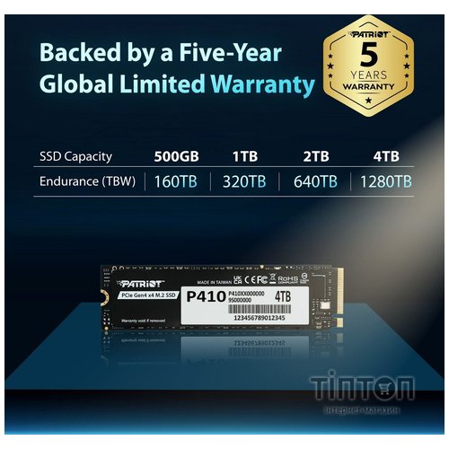 Накопичувач SSD 1TB Patriot P410 M.2 2280 PCIe NVMe 4.0 x4 TLC (P410P1TBM28H)