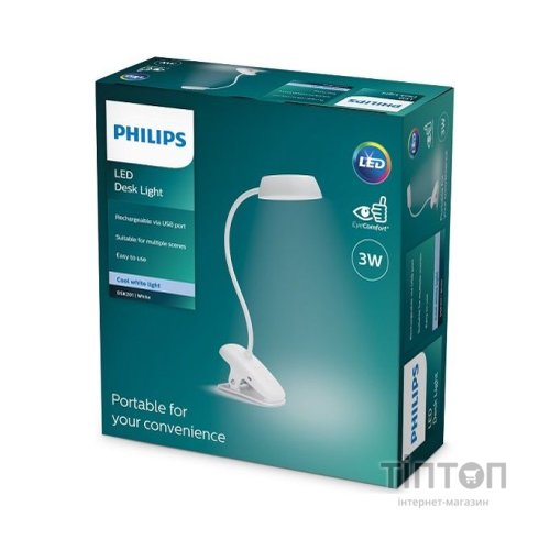Настільна лампа Philips LED Reading Desk lamp Donutclip 3W, 4000K, 1200mAh (Lithium battery), білий (929003179727)