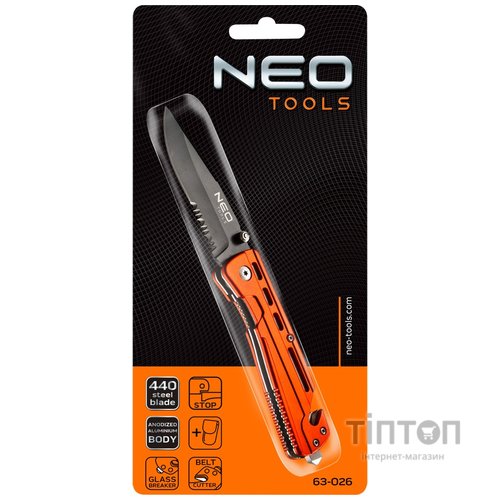 Ніж Neo Tools складаний з фiксатором, з лезом для розрiзання ременiв (63-026)