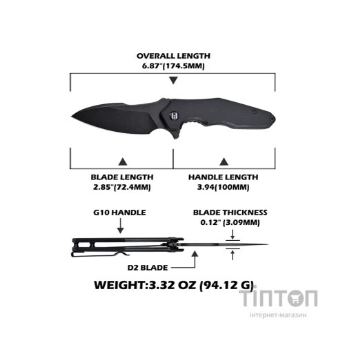 Ніж Hightron Mini Ventura, D2, G10, чорний, чорний stonewash клинок (HK05BLKBS)