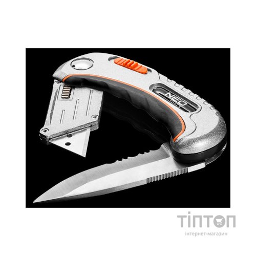 Ніж монтажний Neo Tools складаний, 2 наконечники, 5 трапецієподібних лез у наборі, чохол (63-710)